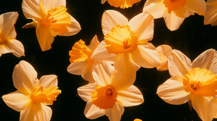 Poster - Vibrant yellow daffodil petals floating on a dark background for spring-themed design