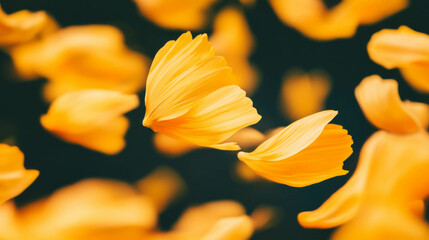 Poster - Floating yellow sunflower petals on dark background for nature design concepts