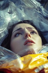 Poster - A person lying down, wrapped in plastic, potentially for waste management or recycling purposes