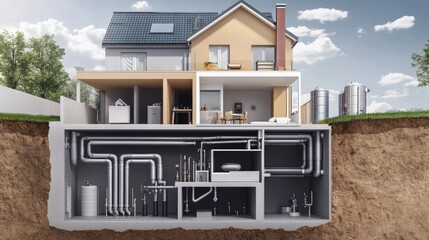 Poster - A unique underground house with visible pipes and architecture