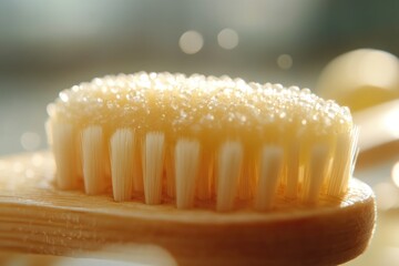 Aufkleber - A close-up shot of a toothbrush with clean white bristles, ready for use