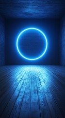 Aufkleber - Neon blue circle illuminating a dark wooden room with modern abstract design. Futuristic art installation and digital innovation concept