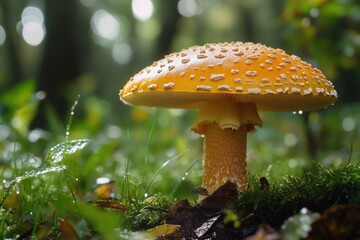 Poster - A bright yellow mushroom sits atop a dense and vibrant green forest floor