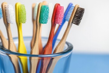 Poster - Colorful collection of toothbrushes in a glass jar
