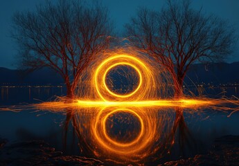 Wall Mural - The steel wool photography shows the golden circular light spinning around in front of two trees on water, creating beautiful patterns and a vast lake surface at night.