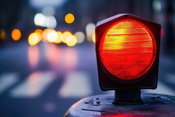 Poster - A single red traffic light sits on the side of a road, awaiting drivers to stop