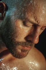 Wall Mural - A close-up shot of a person with a wet face, possibly after washing or showering