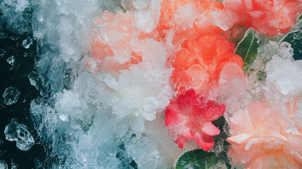 Poster - Vibrant floral arrangement encased in ice for creative winter designs and nature themes