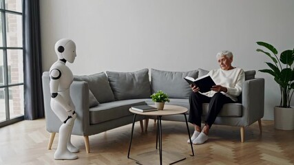 Poster - Humanoid robot gently supporting senior woman while reading, demonstrating cutting edge assistive technology enhancing comfort and independent living for aging population