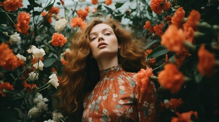 fashion portrait of a caucasian woman surround with flowers in retro vintage nostalgia vibe