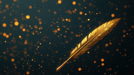 Poster - A shimmering golden feather floats through a backdrop of soft, glowing particles, creating an enchanting and ethereal atmosphere.