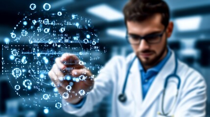 Doctor interacting with a futuristic network data visualization display