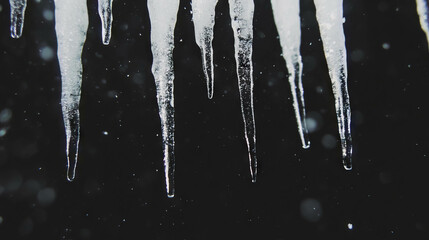 Poster - Icicles forming against dark background capturing winter's frozen beauty