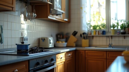 Wall Mural - A modern kitchen setup with a stove top oven and wooden cabinets, perfect for cooking and dining