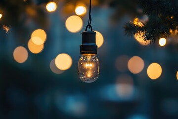 Poster - A lone light bulb hangs from a tree branch in a natural setting