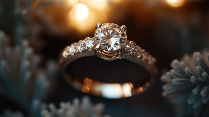 Poster - A diamond ring sits atop a decorated Christmas tree, perfect for holiday imagery or romantic gestures