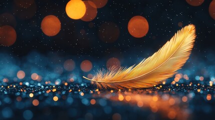 Poster - A delicate golden feather rests on a shimmering surface, illuminated by soft bokeh lights, creating a magical, ethereal atmosphere.