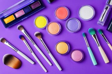 Poster - A collection of makeup brushes arranged neatly on a deep purple background, perfect for use in beauty tutorials or product showcases