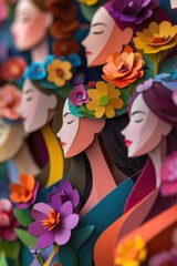 Poster - A group of paper cut art figures with flowers on their heads, perfect for decorative purposes or as a symbol of creativity and imagination