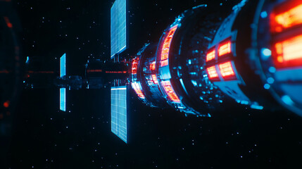 Poster - Futuristic space station with glowing windows in deep space