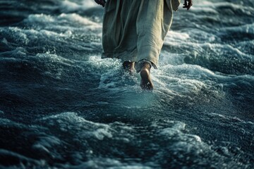 Poster - A person in a robe walking through calm waters