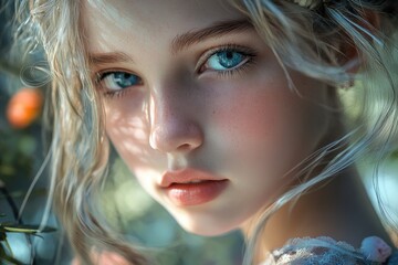 Wall Mural - A close-up shot of a young girl's face with striking blue eyes, suitable for use in personal or commercial projects