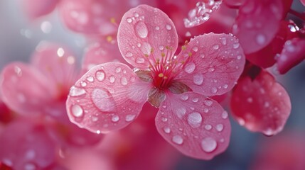 Sticker - A close-up view of a pink flower with water droplets glistening on its petals