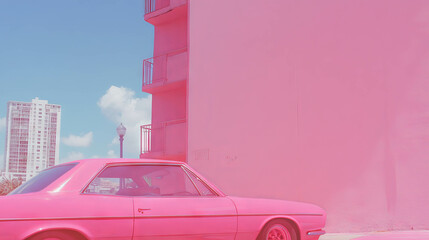 Poster - Bold pink car against urban backdrop in cinematic style