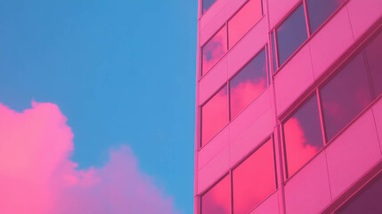 Poster - Modern architectural design with pink building against blue sky for urban aesthetic concepts