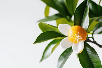 Wall Mural - A close-up view of a ripe orange growing on a tree branch, ready to be picked