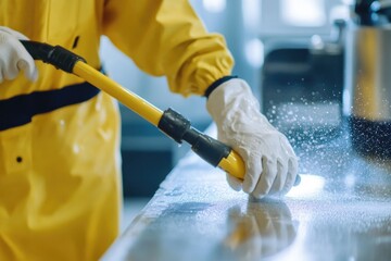 Poster - A person wearing a yellow coat and white gloves operates a power washer