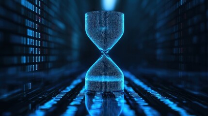 Poster - A digital hourglass made of glowing binary code, symbolizing time and technology in a futuristic setting.
