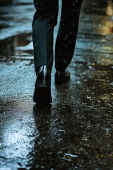 Poster - A person holding an umbrella walks through rainy weather, suitable for use in scenes depicting everyday life or commuting