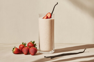 Wall Mural - Strawberry Vanilla Delight: A tall glass of creamy strawberry vanilla smoothie, adorned with fresh strawberries and vanilla beans, is presented invitingly, promising a delicious and refreshing treat.