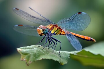 Poster - A small dragonfly sits on the edge of a green leaf, its body and wings a vibrant shade