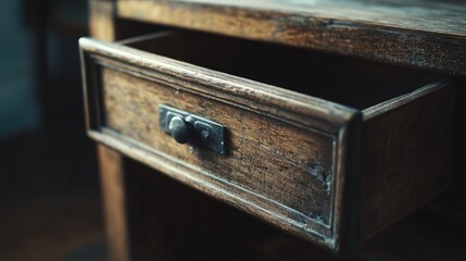 Poster - A close-up view of a drawer on a wooden table, ideal for use in interior design or lifestyle photography