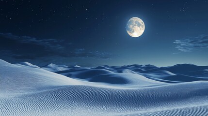 Wall Mural - Serene Night Landscape with Full Moon Over Soft Sand Dunes Under a Starry Sky in Tranquil Blue Tones