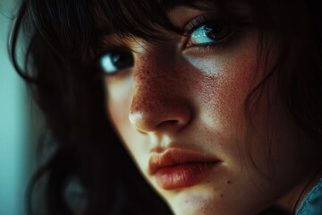 Poster - A close-up view of a woman's face with freckles, ideal for use in personal or professional projects where a unique facial feature is required