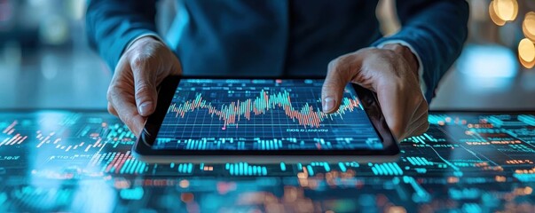 Aufkleber - Person analyzing financial data on digital tablet with glowing charts and graphs