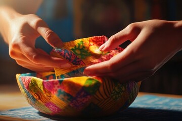 Poster - A person sewing a piece of fabric into a bowl, likely repairing or mending something