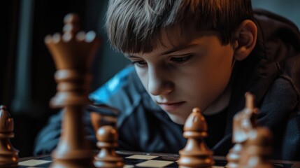 Poster - A young boy concentrating on a game of chess, sitting at a wooden table with a chessboard and pieces