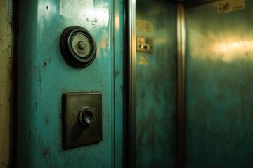 Poster - A simple green door with a button on it, perfect for use in scenes about everyday life or modern architecture