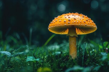 Poster - A single yellow mushroom sits atop a vibrant green field, great for nature and outdoors themes
