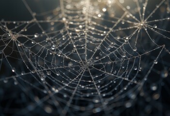  Dew Drops on a Spider Web with a Dark Background