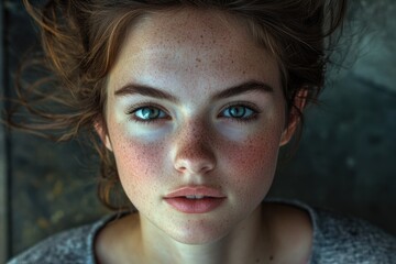 Poster - Close-up of a woman's face with freckles, suitable for beauty or lifestyle shots