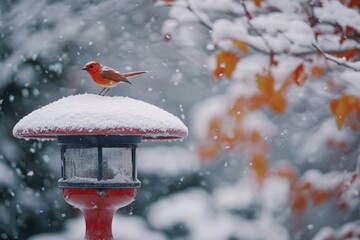 Poster - A bird sits on top of a bird feeder in snowy conditions