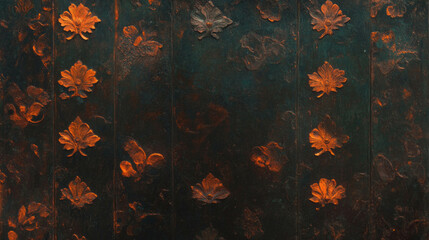 Poster - Copper texture with carved leaf symbols for design and decoration