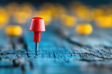Aufkleber - A single red pin sits atop a wooden table