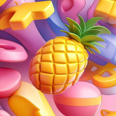Poster - Colorful pineapple among playful letters and shapes in a vibrant background setting. Generative AI