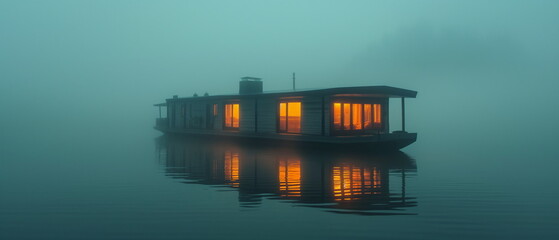 Wall Mural - A houseboat at dawn the fog slowly rises from the _001